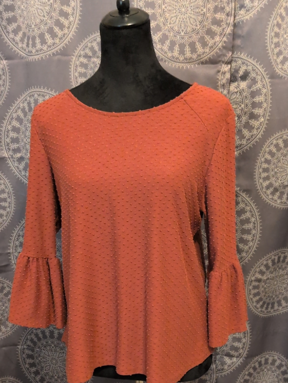 W5 Rust Textured Bell-Sleeve Long Sleeve Top